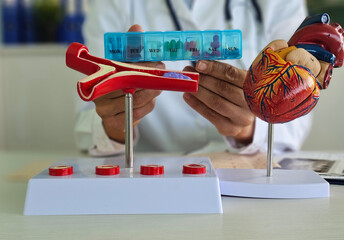 Doctor cardiologist with red heart in the hospital