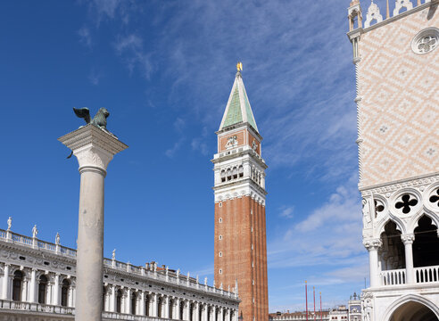 Colonna di San Todaro, Campanile and Palazzo Ducale on St. Marks Square in Venice, Italy.