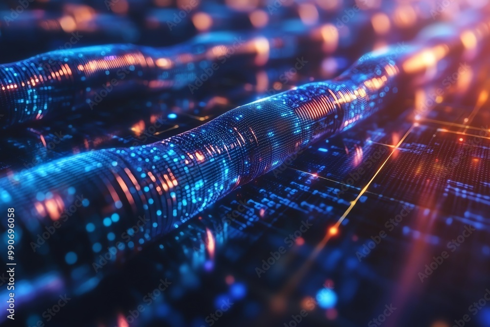 Poster abstract futuristic digital data flow with glowing lines, dots, and code in blue and orange.