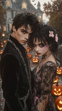 Gothic emo couple in unique Halloween outfits