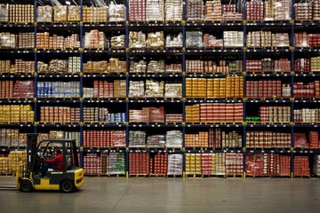 Tall warehouse shelves in a warehouse with a forklift carrying goods to the top of the shelves. Spacious and neatly arranged warehouse space