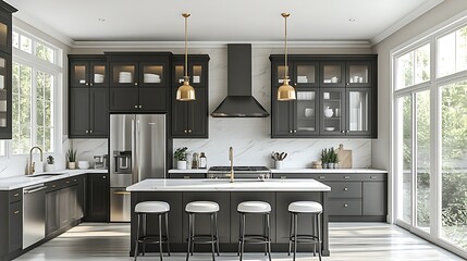A minimalistic kitchen design with black cabinets, white marble countertops, stainless steel appliances, and gold pendant lighting over a central island, open-plan layout with large windows,
