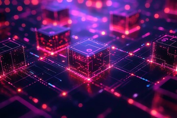 Fototapeta premium Abstract futuristic digital network with glowing cubes and circuit board.