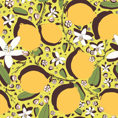 Vibrant tossed cartoon lemon artwork with silhouettes seamless pattern