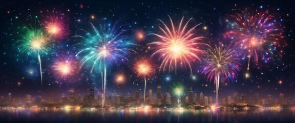 Naklejka premium Dazzling display of fireworks bursting in a variety of colors against the night sky, symbolizing celebration festivity