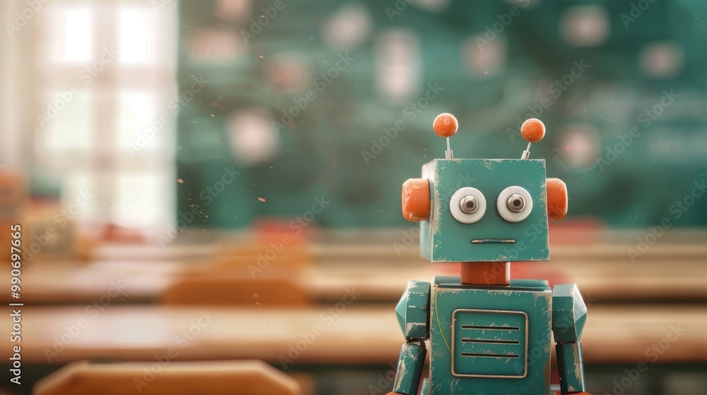 Poster a vintage robot stands alone in a classroom designed for ai learning, featuring empty desks and an i