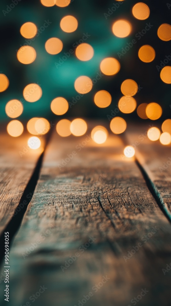 Poster a rustic wooden table sits under a warm glow, with soft bokeh lights illuminating the background in 