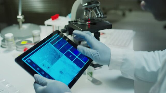 Close up over shoulder view of forensic scientist in disposable gloves examining piece of evidence collected in plastic container and studying microscopic image on digital tablet at desk in crime lab