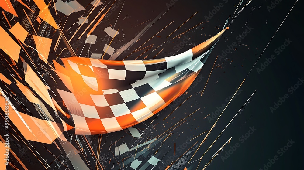 Poster abstract checkered flag waving in the wind against a black background.