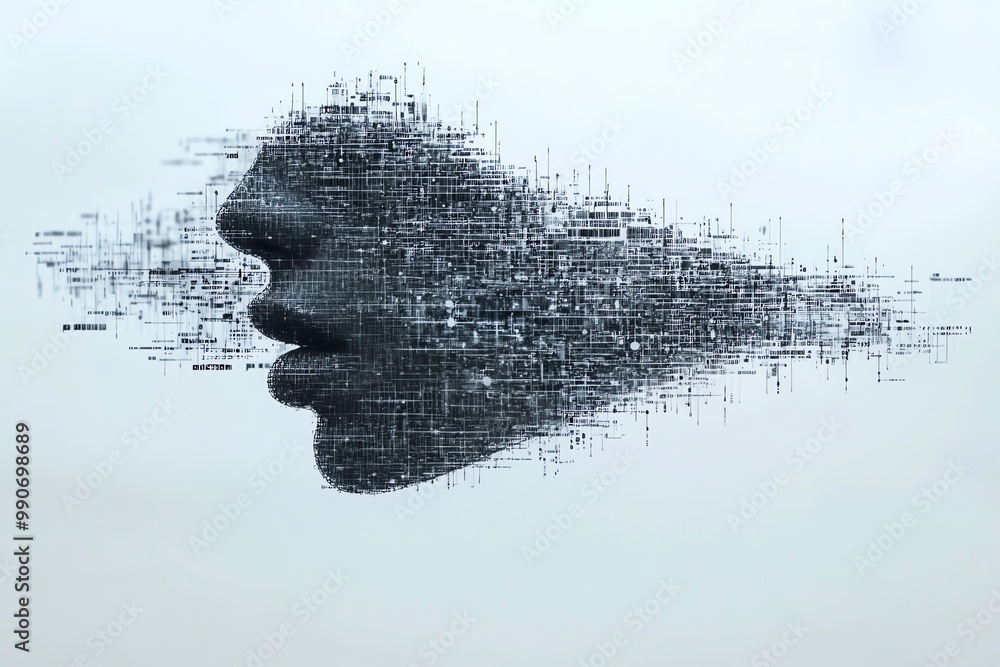 Poster abstract portrait of a face made of digital code, representing technology and human connection.