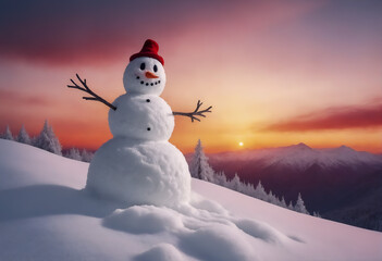 Obraz premium Funny snowman in winter mountain scenery. Merry christmas and happy new year.