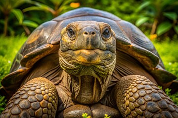 In its natural habitat, the Galapagos tortoise's massive shell blends seamlessly with the arid landscape, its rough