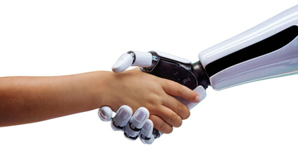 Child's hand shaking sleek robotic hand