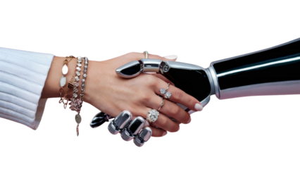 Human hand with rings and bracelets shaking a robotic hand