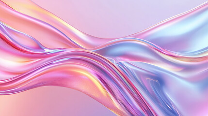 An iridescent fluid abstract image with vibrant colors in a smooth, flowing style on a soft gradient background. Concept of modern art