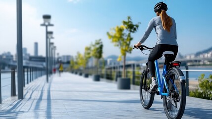 Obraz premium Woman Biking Along Scenic Pathway in Bright Environment