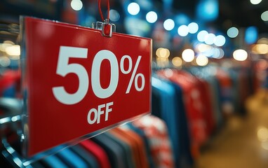 Red sign with 50 percent off in clothing store aisle