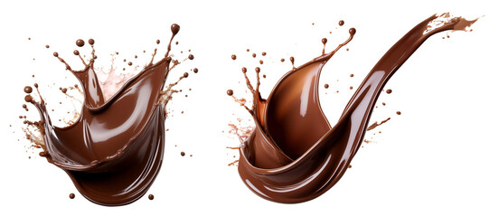 Set of chocolate splashes, cut out. Flowing and dripping chocolate with clipping path.