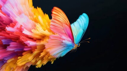 A glowing butterfly trail made of bright, flowing colors flying through a cosmic landscape, symbolizing transformation through imagination