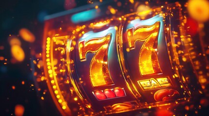 Golden 777 on a slot machine with bright lights and bokeh.