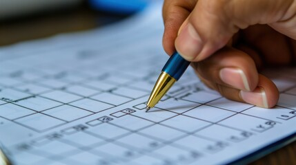 A close-up of a hand holding a pen and filling out an appointment booking form