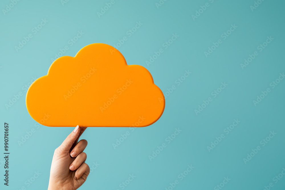 Poster hands holding a tablet accessing cloud storage for document collaboration during a remote project di