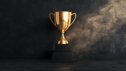 A golden trophy displayed on a pedestal with soft spotlighting emphasizing its importance