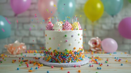 A birthday cake with various party decorations in the background