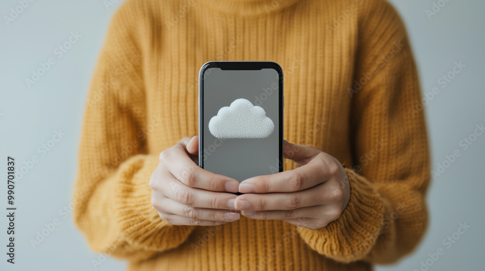 Poster a person accessing cloud storage on a smartphone for easy collaboration while on the go