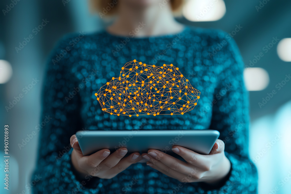 Aufkleber hands holding a tablet accessing cloud storage for document collaboration during a remote project di