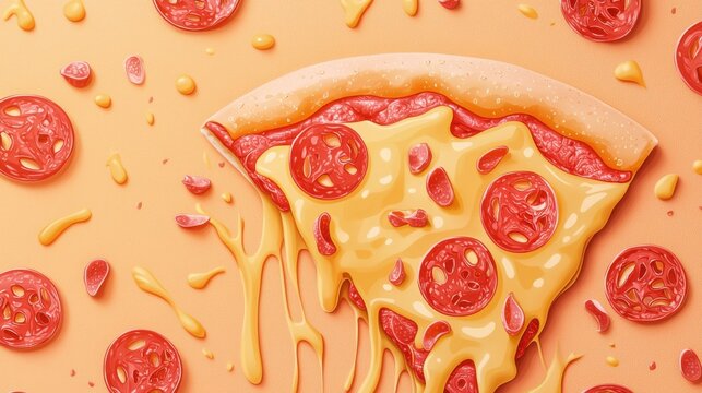 A playful illustration of a pizza slice with melting cheese and vibrant toppings