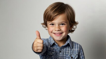 Smiling child with thumbs up, white background 