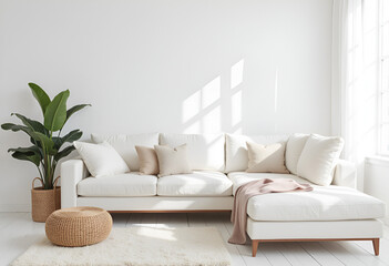 Wicker and fabric pouf near white corner sofa. Minimalist interior design of modern living room.