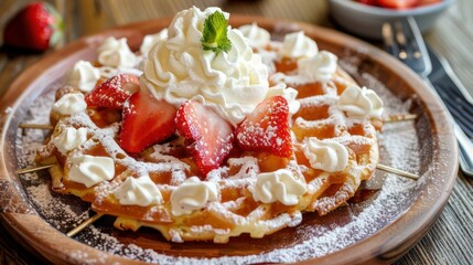 A funnel cake topped with strawberries and whipped cream