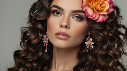 Stunning brunette with long curls, floral accents, and bright makeup