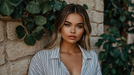 Stunning girl near a wall with foliage 