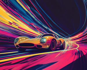 Dynamic artwork of a sleek racing car speeding through vibrant neon light trails, evoking futuristic speed and energy in a colorful, abstract setting.