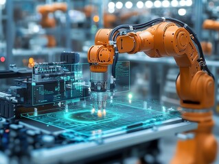 An orange robotic arm with a digital interface is working in a factory setting.