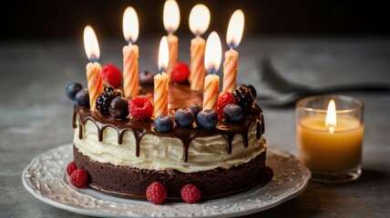 Tasty birthday cake with lit candles