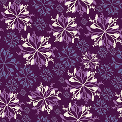Floral stalks and leaves in symmetrical compositions on purple background
