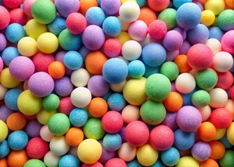 Fototapeta premium Multicolored foam balls fill a frame, producing a vibrant and playful background with a soft, gentle texture that