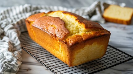 A pound cake loaf cooling on a wire rack, ready to be sliced