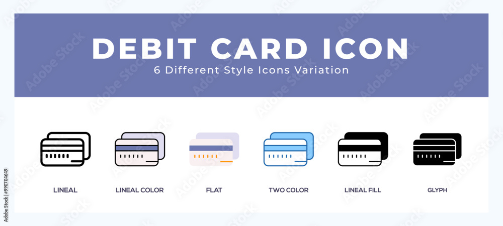Poster debit card icon set with different styles. icons designed in filled. outline. flat. glyph and line c