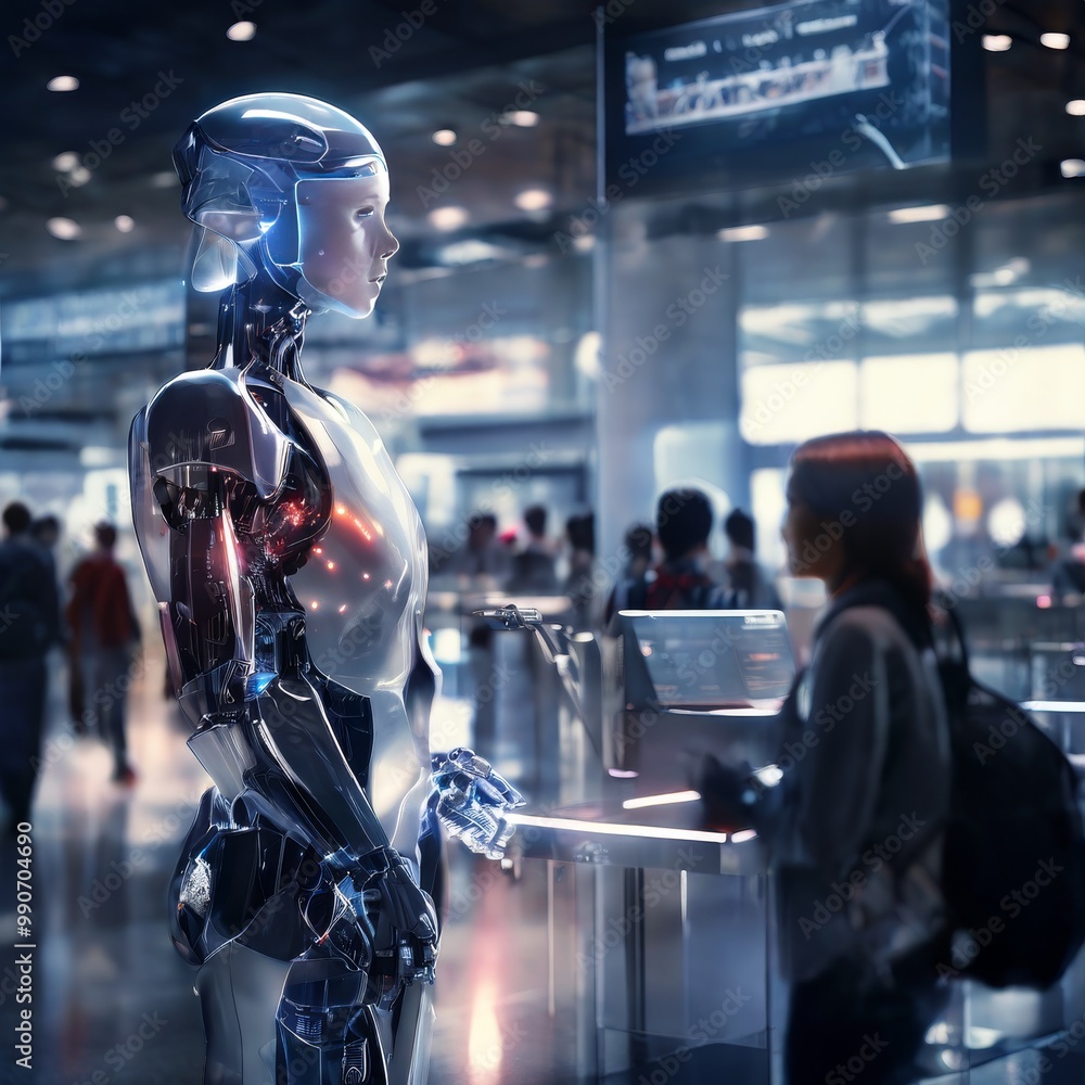 Poster a humanoid robot interacts with a person in a modern, tech-driven terminal setting. the environment 