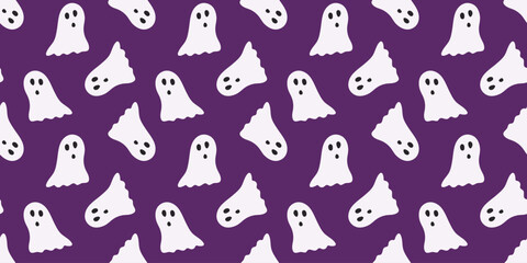 Halloween Ghosts seamless pattern with hand drawn horror holiday characters on purple background. Cute white spirits and phantoms with happy faces for print wrapping paper and cover