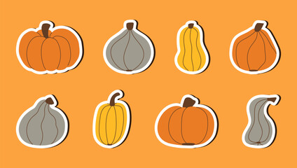 Set of hand drawn Pumpkin stickers. Autumn design elements for posters, invitations, covers, banners, placards and brochures. Vector harvest element illustration.