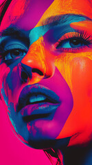 Obraz premium A vibrant pop art portrait of a woman, featuring neon pink, blue, and orange hues, with bold makeup and expressive features set against a bright yellow background.