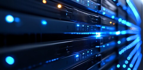 Close up of glowing blue lights on server rack with blur effect.