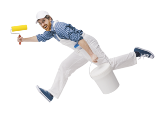 Efficient house painter holding work tools and running