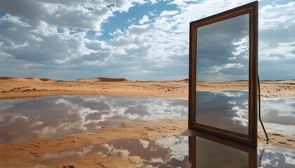 Desert landscape with a mirror reflecting an expansive, cloudy sky